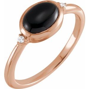 14K Rose 8x6 mm Round Natural Black Onyx & .03 CTW Natural Diamond Ring