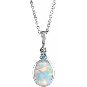 Platinum 6x4 mm Lab-Grown White Opal & Natural London Blue Topaz 16-18" Necklace
