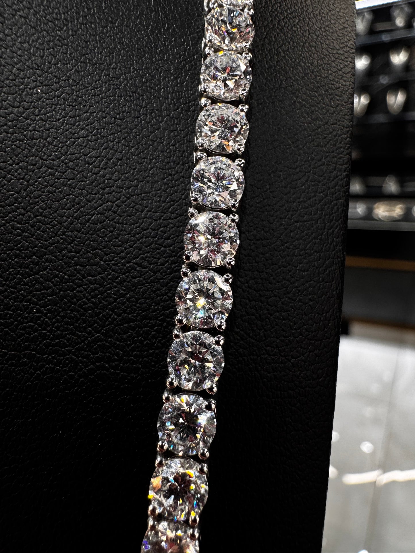 Close-up of solid gold lab diamond tennis chain featuring 50 pointer diamonds with brilliant shine