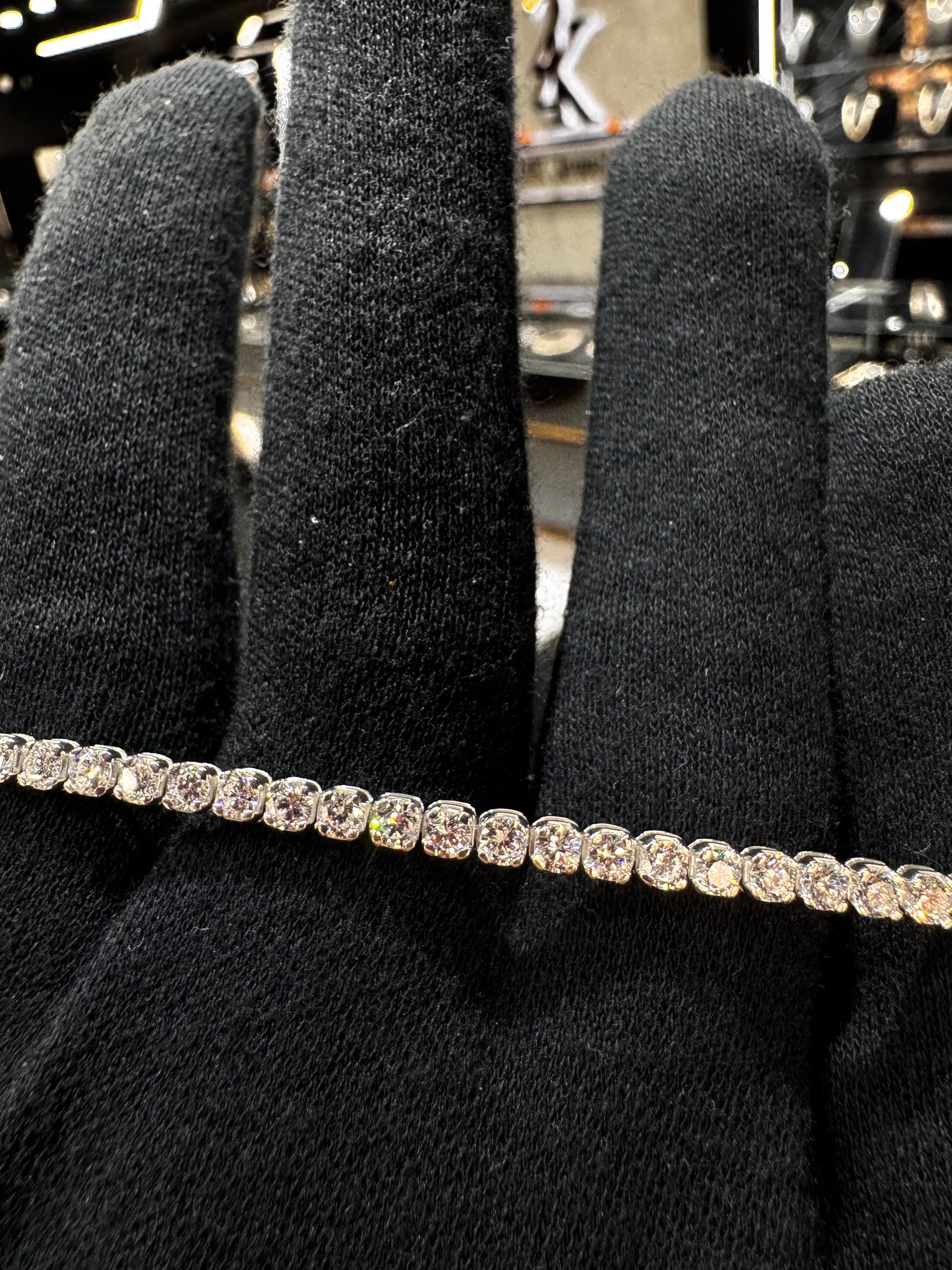 Close-up of .925 sterling silver lab diamond tennis bracelet showcasing sparkling stones and fine craftsmanship