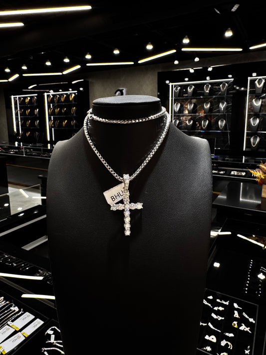 Solid gold 40 pointer lab diamond cross pendant with radiant shine displayed on a clean background