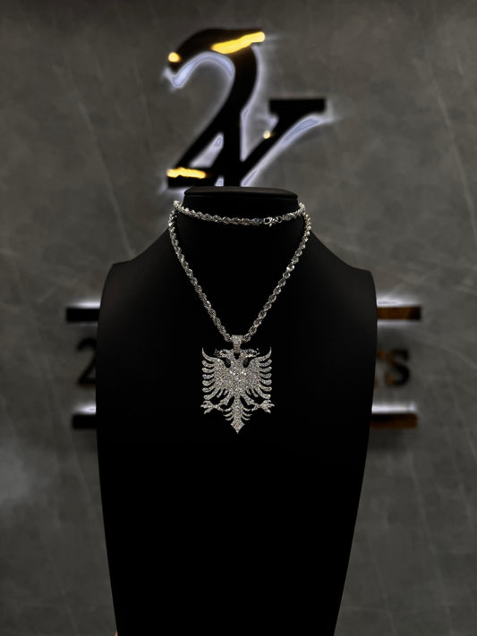 diamond Albanian eagle pendant showcasing intricate double-headed eagle design, set with brilliant-cut diamonds, luxury jewelry by 24K Jewelers"

