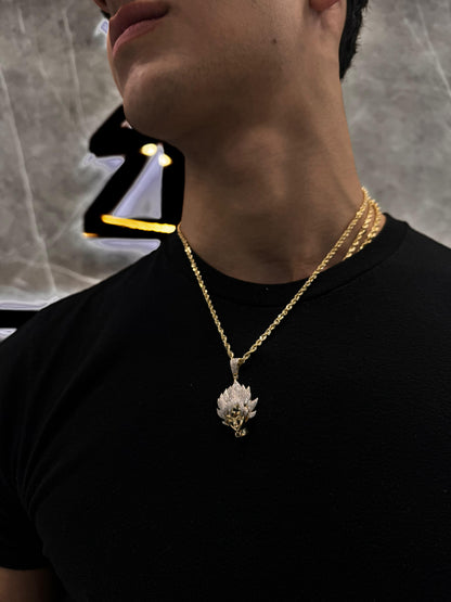 "Male model wearing a diamond Goku pendant on a custom chain, styled with streetwear to highlight luxury anime-inspired jewelry."